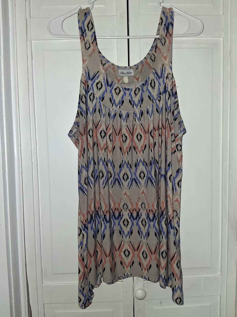 Star Vixen Beige Tank with Blue and Coral Ikat Print